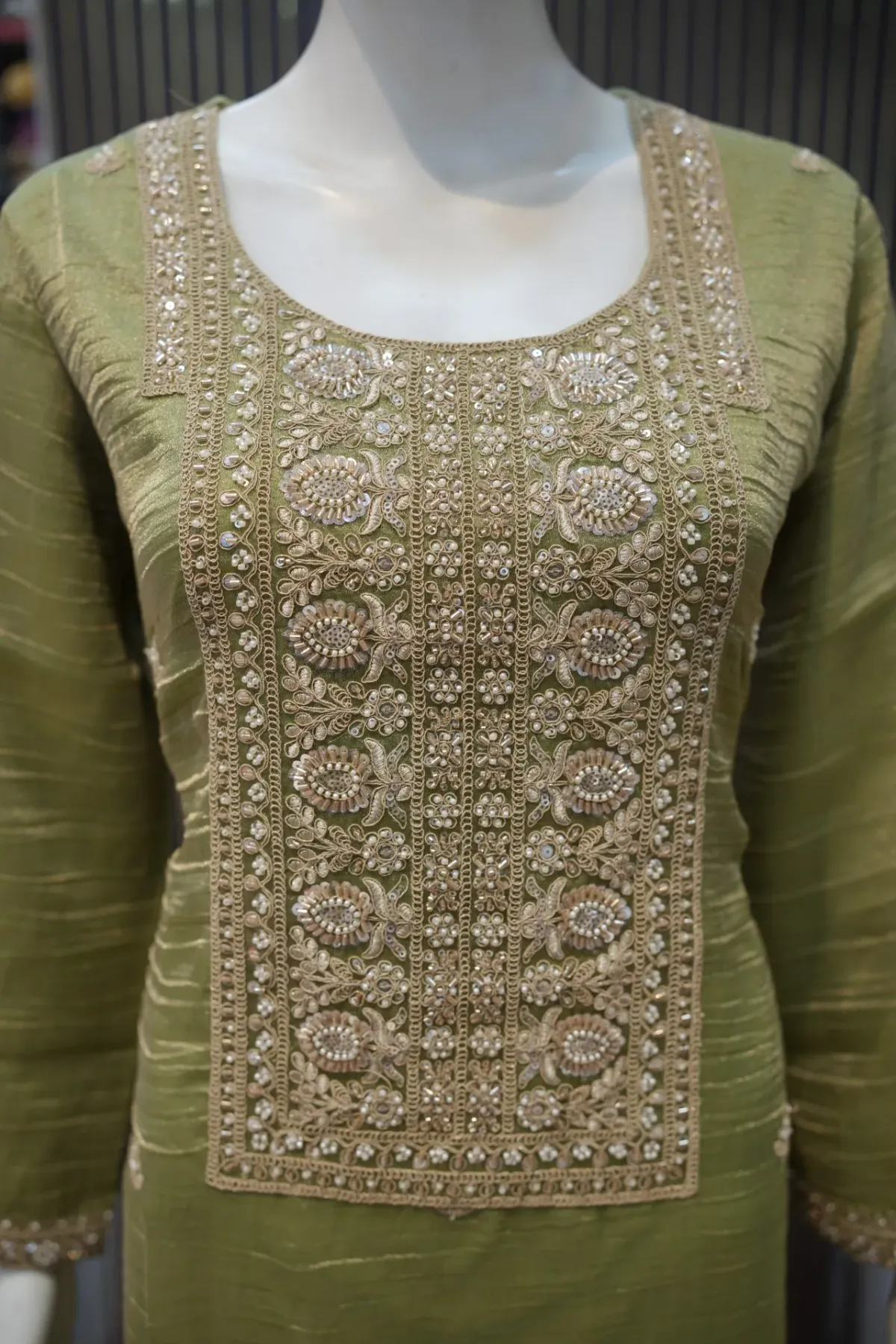 Olive Green Embroidered Kurta Set with Matching Dupatta thumbnail 3